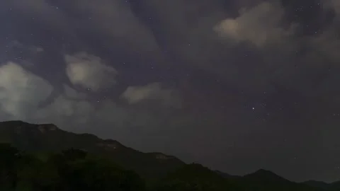 A Time Lapse of starry and mostly cloudy in night sky with a mountain. Stock Footage 258050623
