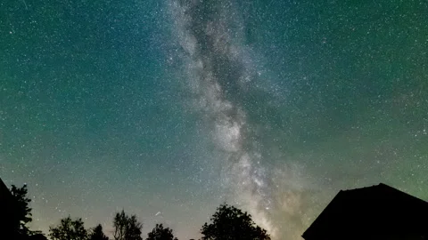Time lapse of starry Milky Way galaxy moving across night sky over river and tre Vídeo Stock 341887114