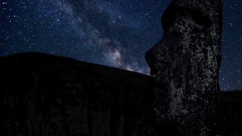 Time lapse with stars, foreground statue Moai in the Rano Raraku volcano Easter Stock Footage 115780570