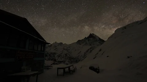 Time-lapse of stars moving over a snowy mountain lodge Stock Footage 113256010