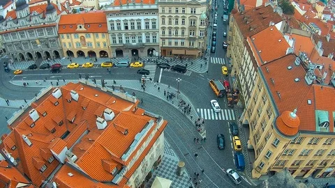 Time-lapse, static top view of the European city - Prague, many people crossing Stock Footage 81676641