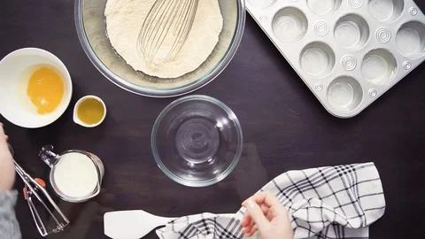 Time lapse. Step by step. Top view. Baking cornbread muffins. Stock Footage 96354277