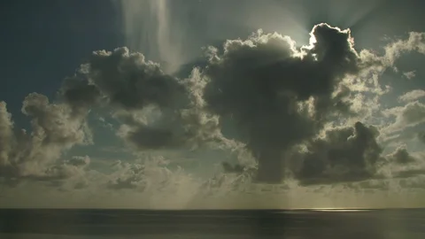 Time-Lapse of stormy clouds rolling over the sun at dusk Video stock 116428042
