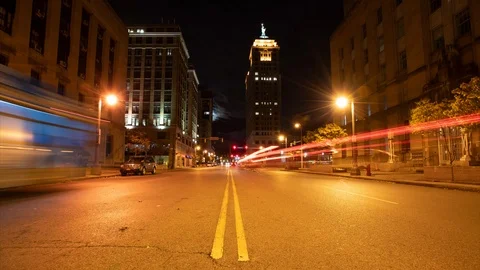 Time lapse of a street in Buffalo, New York down the double yellow center line Stock Footage 99323918