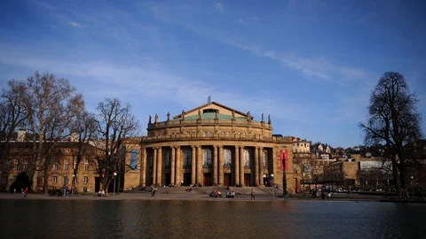 Time Lapse of Stuttgart Crowd of People Visit Opera House Landmark Sunset Light Stock Footage 95982507