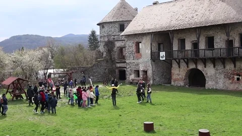 Time-lapse at Sukosd Bethlen Castle, capturing a group of visitors Stock Footage 186749383
