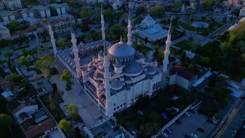 Time lapse Sultan Ahmed Mosque Istanbul cityscape at golden hour. Unique aerial Stock Footage 336406841