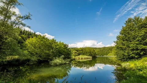 Time lapse summer landscape on mountains lake, Blue sky and clouds Stock Footage 77980120