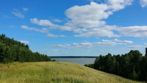 Time lapse. Summer, river, grass, sky and clouds Video stock 120212790