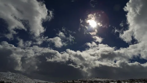 Time Lapse of Sun, Clouds and Blue Sky with Snowy Desert Landscape Stock Footage 102692175