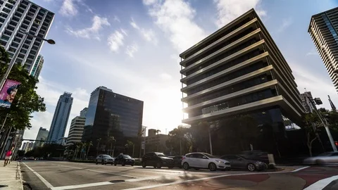 Time lapse of sunlight over Miami's downtown on Brickell avenue, Florida. USA Video stock 88401196