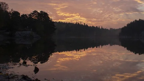 Time-lapse of sunrise with clouds mirrored in a forest lake. Nackareservatet Stock Footage 96288992