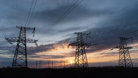 Time lapse Sunrise high voltage power line Electric towers. Electricity pylons Stock Footage 74931982