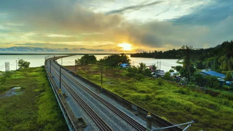Time Lapse : Sunrise Scenery Of Floating Railway Of Taiping Town.HD Stock Footage 132519342