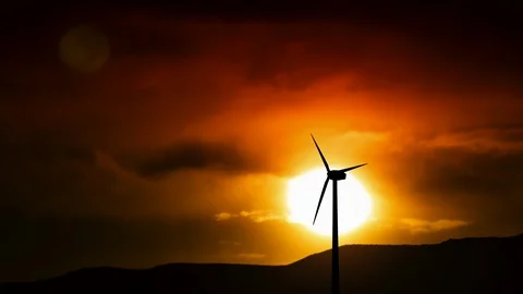 Time Lapse Sunrise with Single Wind Turbine - 3D Animation Illustration Stock Footage 103354495