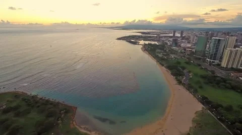 Time Lapse Sunset Aerial over Ala Moana &amp; Magic Island Stock Footage 54737193