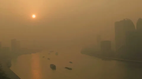 Time lapse sunset air pollution Huangpu River Shanghai East China  Stock Footage