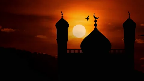 Time-lapse Sunset and Mosque Silhouette.Birds Flying Around the Mosque. 05 Stock Footage 237647223