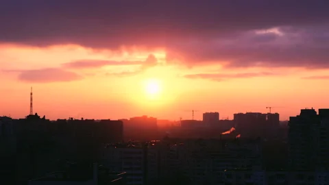 Time lapse sunset and silhouette crane working in construction site Stock Footage 86202604