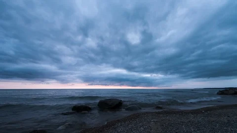 Time Lapse Sunset Blue Hour to Night Fast Moving Clouds Sky and Beach #2 Stock Footage 85741552