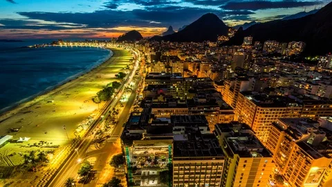 Time lapse of sunset, cityscape Copacabana,  Avenida Atlantica, Rio de Janeiro Stock Footage