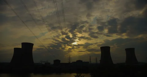 Time-Lapse Of Sunset Clouds Over Nuclear Power Plant Cooling Towers Stock Footage 243853815
