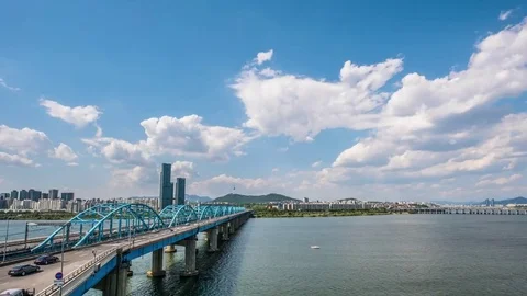 Time lapse Sunset of Dongjak Bridge and Han river in Seoul City ,South korea. Stock Footage 77171081
