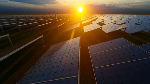 Time lapse of sunset glow on solar panels, clean energy at dusk Stock Footage 166643054
