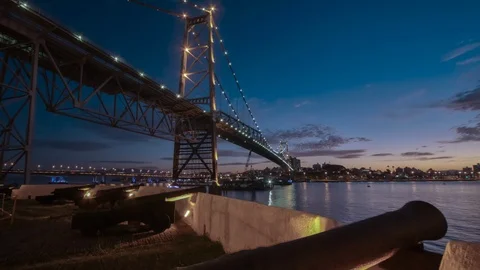 Time lapse of sunset at Hercílio Luz Bridge, 4K Florianópolis / Brazil Stock Footage 88959068