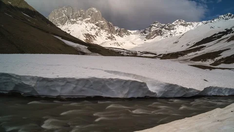 Time-lapse of sunset in mountains. river flows next to the glacier Stock Footage 114336981