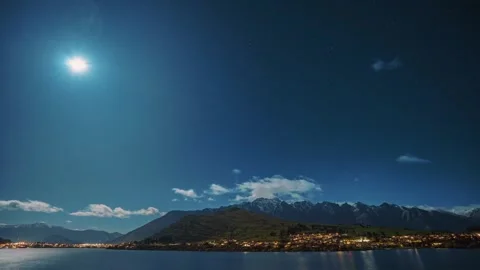 Time-lapse from sunset to nightfall in the city under the snow-capped mountains Stock Footage 257653879