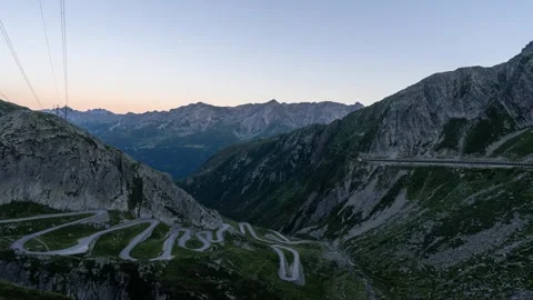 A time lapse at sunset of the old Gotthard Pass called Tremola Stock Footage 302840993