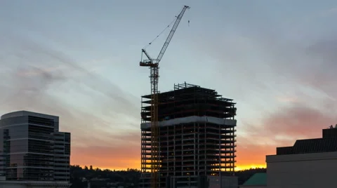 Time Lapse of Sunset Over Building Construction Site in Downtown Portland Oregon Stock Footage 47187477