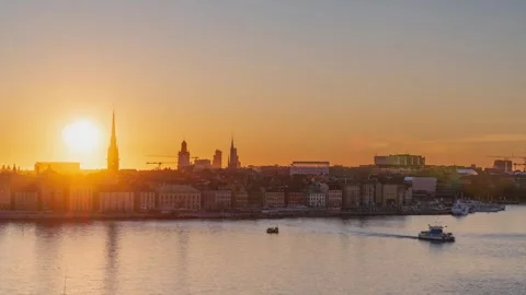 Time lapse of a sunset over the city skyline of Stockholm, over the old town, Stock Footage 278725968
