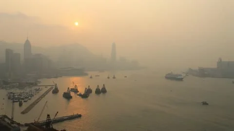 Time Lapse Sunset over Hong Kong Island Skyline with Harbor View. Misty. Stock Footage 10806645