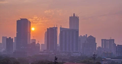 Time lapse of the sunset over the Indian city skyscrapers, India Stock Footage 85963962