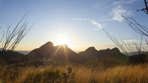 Time lapse of the sunset over jagged desert peaks Stock Footage 127508253