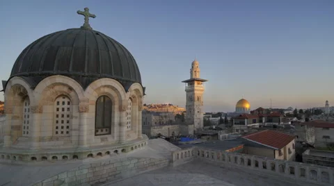 Time lapse of sunset over Jerusalem rooftops, including Dome of the Rock Stock Footage 52233704