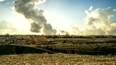 Time lapse of sunset over the Old City Jerusalem; Israel 4K Stock Footage 153888389