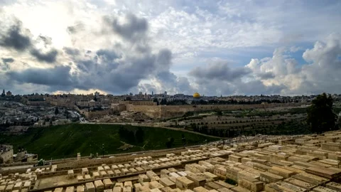 Time lapse of sunset over the Old City Jerusalem; Israel 4K Stock Footage 153888415