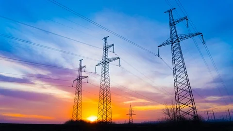 Time Lapse of Sunset With Power Supply Facilities in Europe. High-voltage Power Stock Footage 125801276