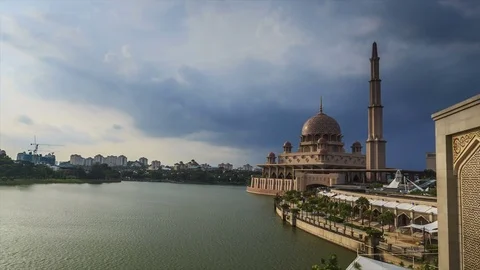 Time lapse of sunset scene at Putra mosque Stock Footage 85074296