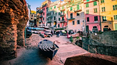 Time Lapse - Sunset Shadow Moving on the Buildings in Riomaggiore Italy Stock Footage 112128096