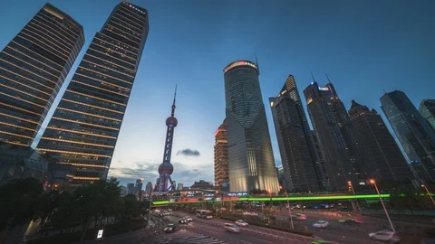 Time lapse of sunset, Shanghai Lujiazui financial center, China Stock Footage 116406096