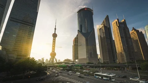 Time lapse of sunset, Shanghai Lujiazui financial center, China Stock Footage 116896261
