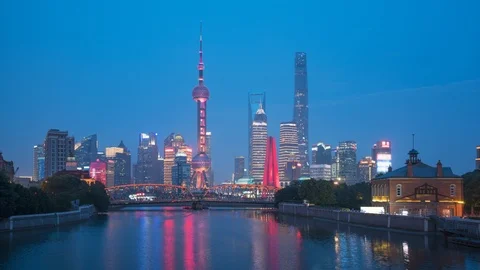 Time lapse of sunset, Shanghai skyline and Waibaidu bridge, China Stock-Footage 118771319