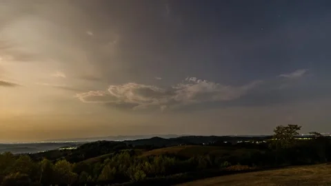 Time-lapse of Sunset to Starry Night over Forest and Villages from Hilltop Stock Footage 288689254