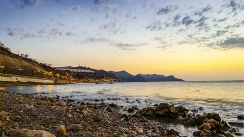 Time lapse of sunset view at the beach. Day to night Al Hoceima Morocco. Stock Footage 114427456