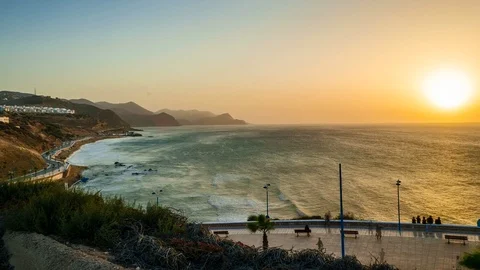 Time lapse of  sunset view at seashore beach. Day to night Al Hoceima, Morocco. Stock Footage 114330091