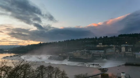 Time Lapse of Sunset at Willamette Falls on Willamette River in Oregon 1920x1080 Stock Footage 46133666